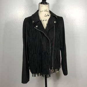 Black Michael Kors Faux Suede Fringe Moto Jacket